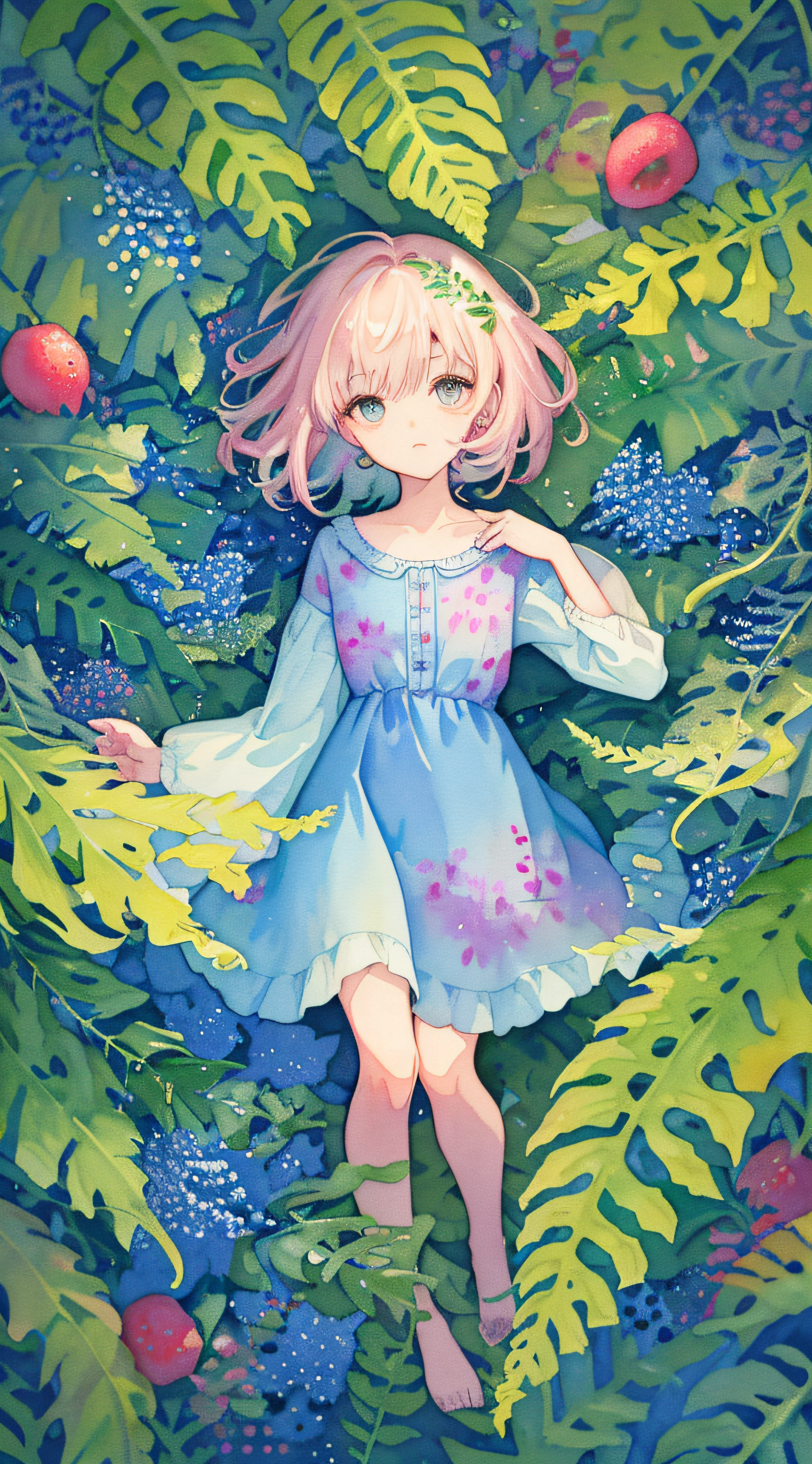 ((ultra - detailed),#3b4195 background,beautiful  flowers,berries,fern,leafs,Watercolor pattern in calm colors),(Watercolor texture), ((1个Giant Breast Girl),Short hair details,cute big breasts),fully body photo