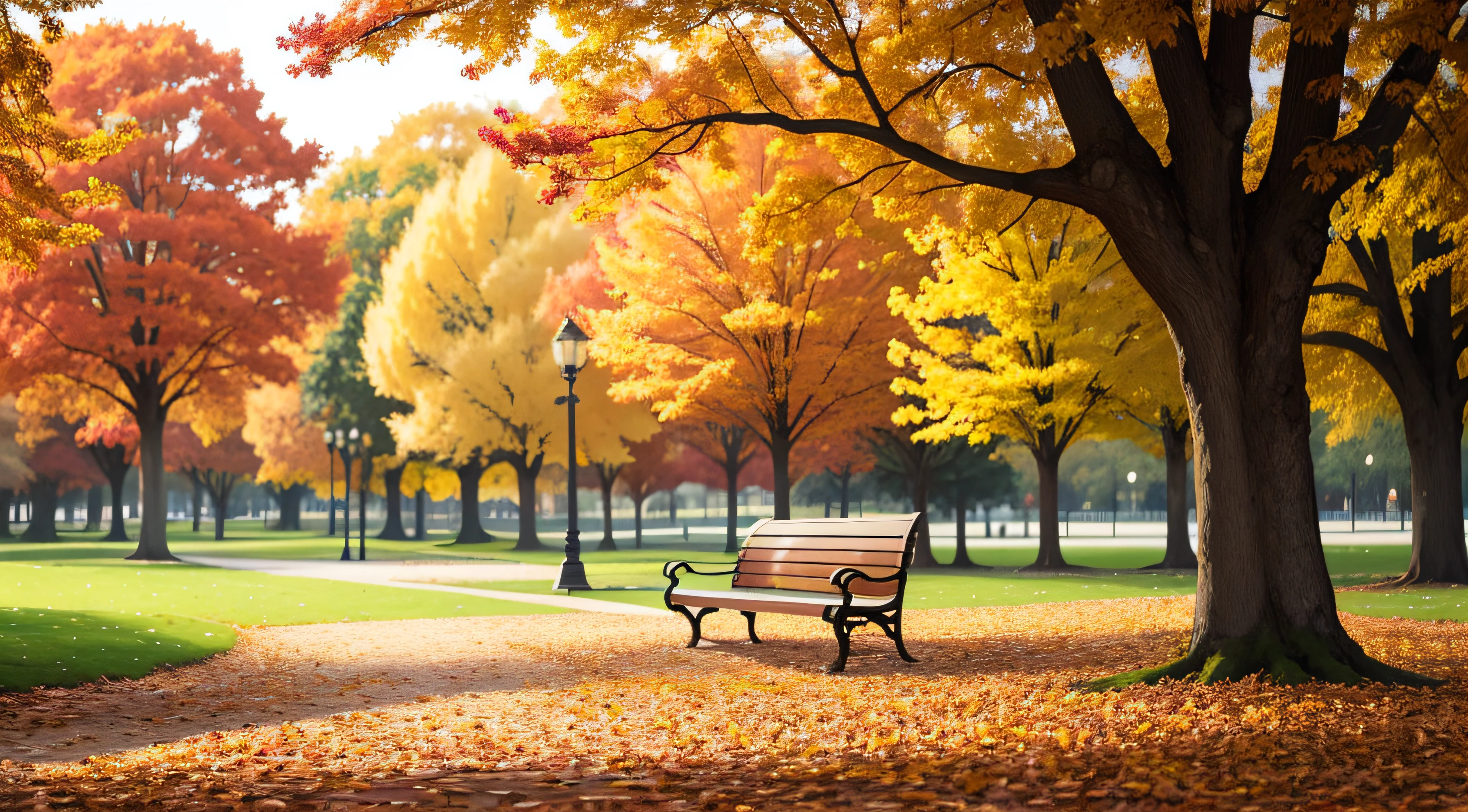 there is a bench that is sitting in the middle of a park, autumn season, autumn, during autumn, autumnal, autum, fall season, hello, autumn! colors, in autumn, in the autumn, autumn background, fall, autum garden, hd wallpaper, beautiful high resolution, autumn leaves falling, beginning of autumn, header