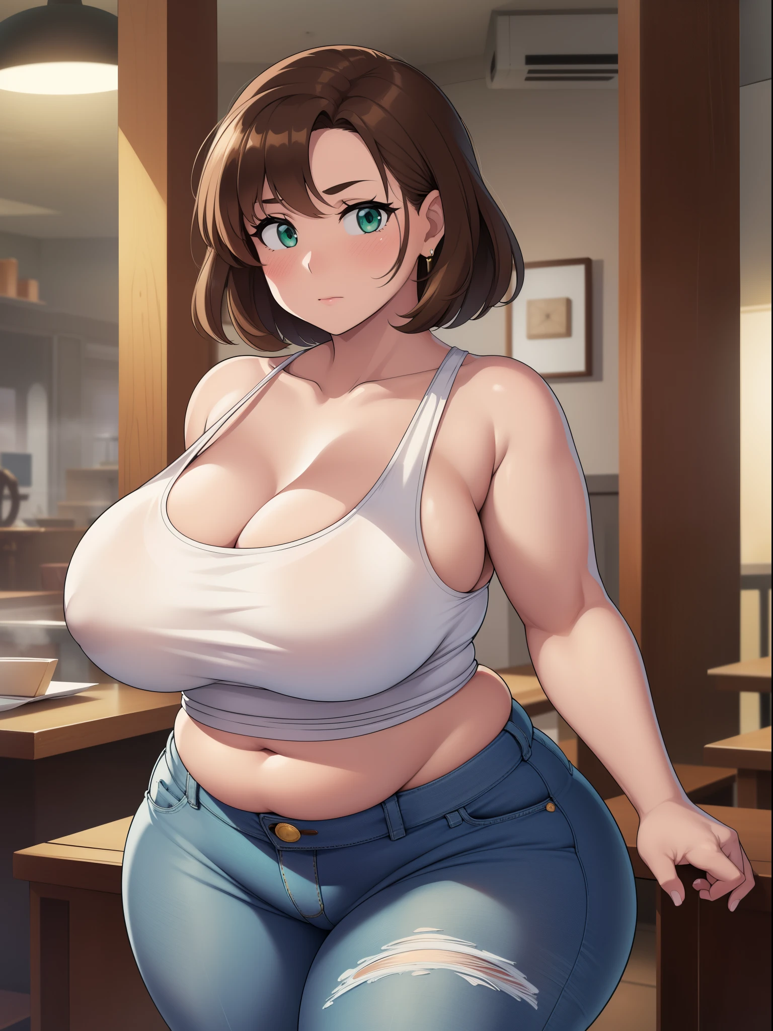 ((high res)), (Masterpiece), perfect anatomy, perfect shading, field of depth, (best quality), extremely delicate and beautiful, perfect lighting, detailed face, ultra cute face, cute, (cowboy shot 1.2), looking at viewer, full body, ((1girl)), ((solo)),
has short hair, fluffy hair, brown hair, green eyes, ((blush)), (white tank top 1.2), (jeans 1.2), extremely tight clothes, medium breasts, cleavage, perky breasts, (((wide hips))), ((thick thighs)), (chubby), chubby belly, fat rolls, belly hang,
Fast food restaurant, intricate background, detailed background,