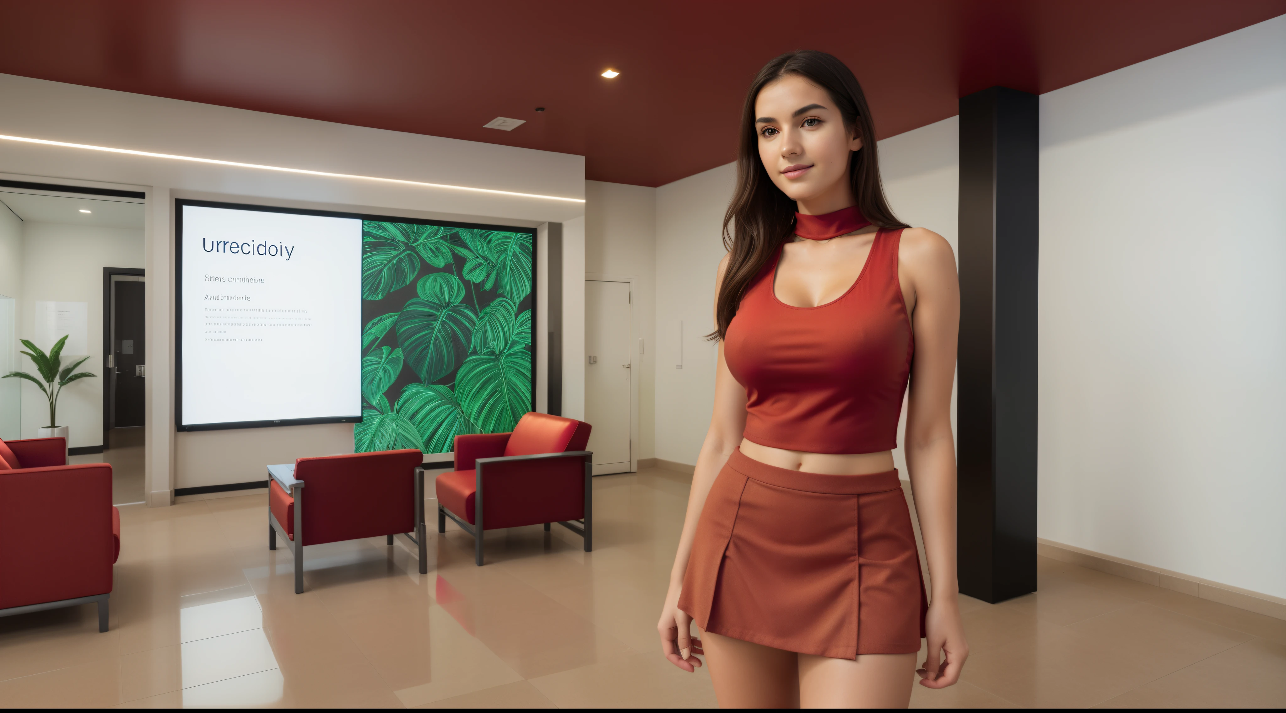 (((a girl alone:1.4))) in campus corridor, ((full-body, cinematic-shot)),(best quality,4k,8k,highres,masterpiece:1.2),ultra-detailed,(realistic,photorealistic,photo-realistic:1.37),(beautiful and aesthetic:1.2),vibrant colors,(film grain:1.3).

[(((1girl))),(((solo))),(18-year-old),[Clotilde Fatimah Carmelita],(sharp focus:1.5),pearl skin,(skin pores:1.1),extremely detailed face and skin texture,(skin texture:1.1),black hair,tall and slender body,(192cm tall),thin and delicate figure,graceful posture,flawless skin,defined abs,perfect curves,feminine appearance,beautiful long legs,embodying elegance and beauty,(cleavage breasts,large breasts:1.6),((wearing a (red:1.4) crop-top and (red:1.4) ultra-short miniskirt:1.4)),extremely detailed and realistic (red) clothes].

[a modern campus corridor,modern architecture,spacious and filled with natural light,tall glass windows,concrete walls and floors,sleek and minimalistic design,large open space with high ceilings,modern lighting fixtures,hanging plants and greenery,carrying backpacks and books,floor-to-ceiling whiteboards with colorful markers,colorful posters and artwork on the walls,modern furniture and seating areas,comfortable lounge chairs and sofas,large digital screens displaying campus news and events,artificial intelligence-powered information kiosks,modern art installations and sculptures,ambient background music creating a lively atmosphere,vibrant and energetic vibe,wide and well-maintained pathways,plenty of natural ventilation and air conditioning,accessible for people with disabilities,secure and safe environment,stunning views of the campus grounds and surrounding landscape,green and sustainable features such as solar panels and rainwater harvesting systems,lively and dynamic atmosphere,high-tech security systems to ensure safety and security on campus.]

Angelic ethereal beauty,bokeh,studio photography,professional photography.