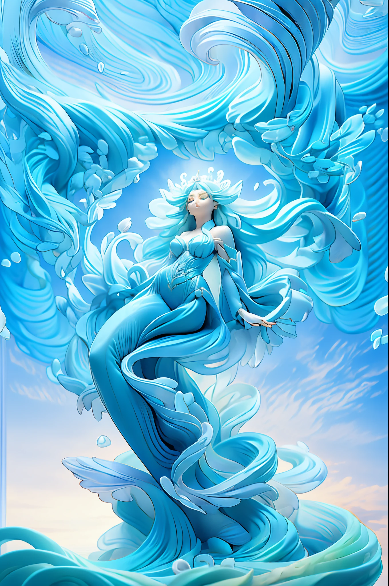 Arafad image of mermaid statue on blue background, Beautiful smile company fantasy, Queen of the Sea Mu Yanling, goddess of the sea, Sea Goddess, Anime statues, PVC statue, Jellyfish Miko, ( Very detailed diagram ), Close-up fantasy of water magic, Asian Woman Water Elemental, anime figure, resin statue, beautiful mermaid, water fairy