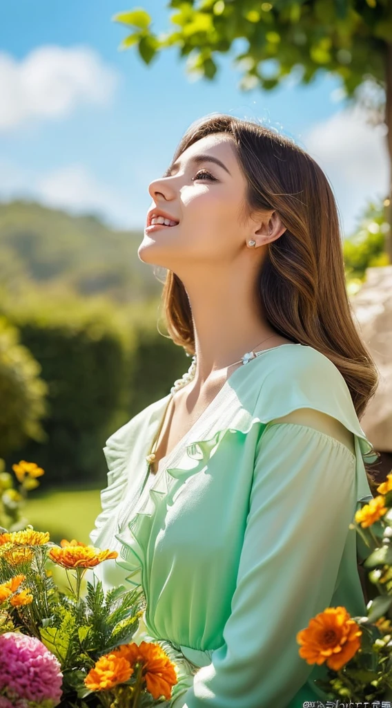 (a beautiful woman), (fine facial features and eye-catching eyes), (hair in perfect condition and styling), (gorgeous makeup with a touch of glamour), (elegant and fashionable outfit), (confident and captivating expression), (posing in a graceful manner), (viewed from a side angle), (standing in a lush green garden), (surrounded by colorful flowers), (gentle breeze gently rustling her hair), (soft sunlight casting a warm glow on her face), (background with a beautiful landscape), (a clear blue sky with fluffy clouds), (happy and joyful atmosphere), (photorealistic depiction capturing every detail), (ultra-high resolution and clarity), (rendered with professional precision), (vibrant and vivid colors), (balanced and pleasing color palette), (soft lighting accentuating her features), (bokeh effect adding a dreamy touch), ((TeeTee1)), (portrait with a hint of fantasy), (unforgettable and mesmerizing artwork).NSFW