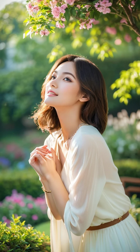 (a beautiful woman), (fine facial features and eye-catching eyes), (hair in perfect condition and styling), (gorgeous makeup with a touch of glamour), (elegant and fashionable outfit), (confident and captivating expression), (posing in a graceful manner), (viewed from a side angle), (standing in a lush green garden), (surrounded by colorful flowers), (gentle breeze gently rustling her hair), (soft sunlight casting a warm glow on her face), (background with a beautiful landscape), (a clear blue sky with fluffy clouds), (happy and joyful atmosphere), (photorealistic depiction capturing every detail), (ultra-high resolution and clarity), (rendered with professional precision), (vibrant and vivid colors), (balanced and pleasing color palette), (soft lighting accentuating her features), (bokeh effect adding a dreamy touch), ((TeeTee1)), (portrait with a hint of fantasy), (unforgettable and mesmerizing artwork).NSFW