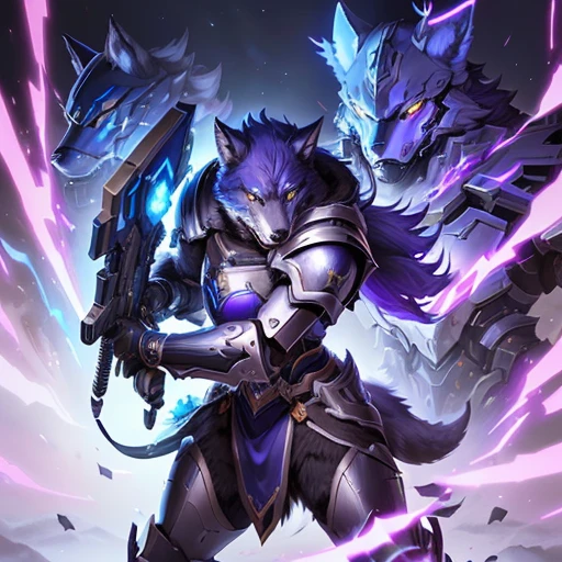 a close up of a wolf with a gun in its hand, husky in shiny armor, dark fox mage, wolf o'donnell, wolf armor, from league of legends, furry fantasy art, official splash art, fenrir, astri lohne, an anthropomorphic wolf, good boy giant mecha wolf hound, style of duelyst
