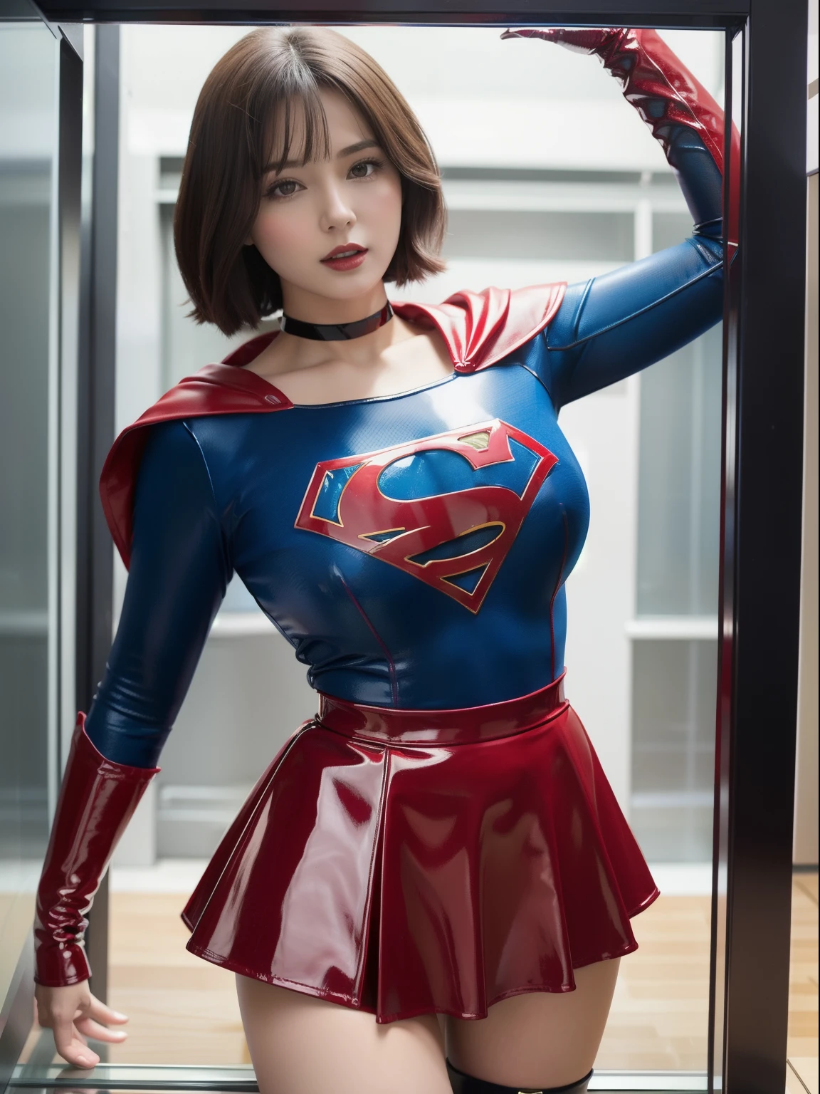 masterpiece,Short-haired Supergirl trapped in a glass case、Plump breasts、Looking at the camera、Glossy enamel costume、Glossy bright red enamel long boots、shiny red enamel skirt、a choker、Glimpse、Fluttering cloak、seduces、sexypose、ecstacy、radical、Stimulating、Obscene、highleg、Large open legs、MagazineCover