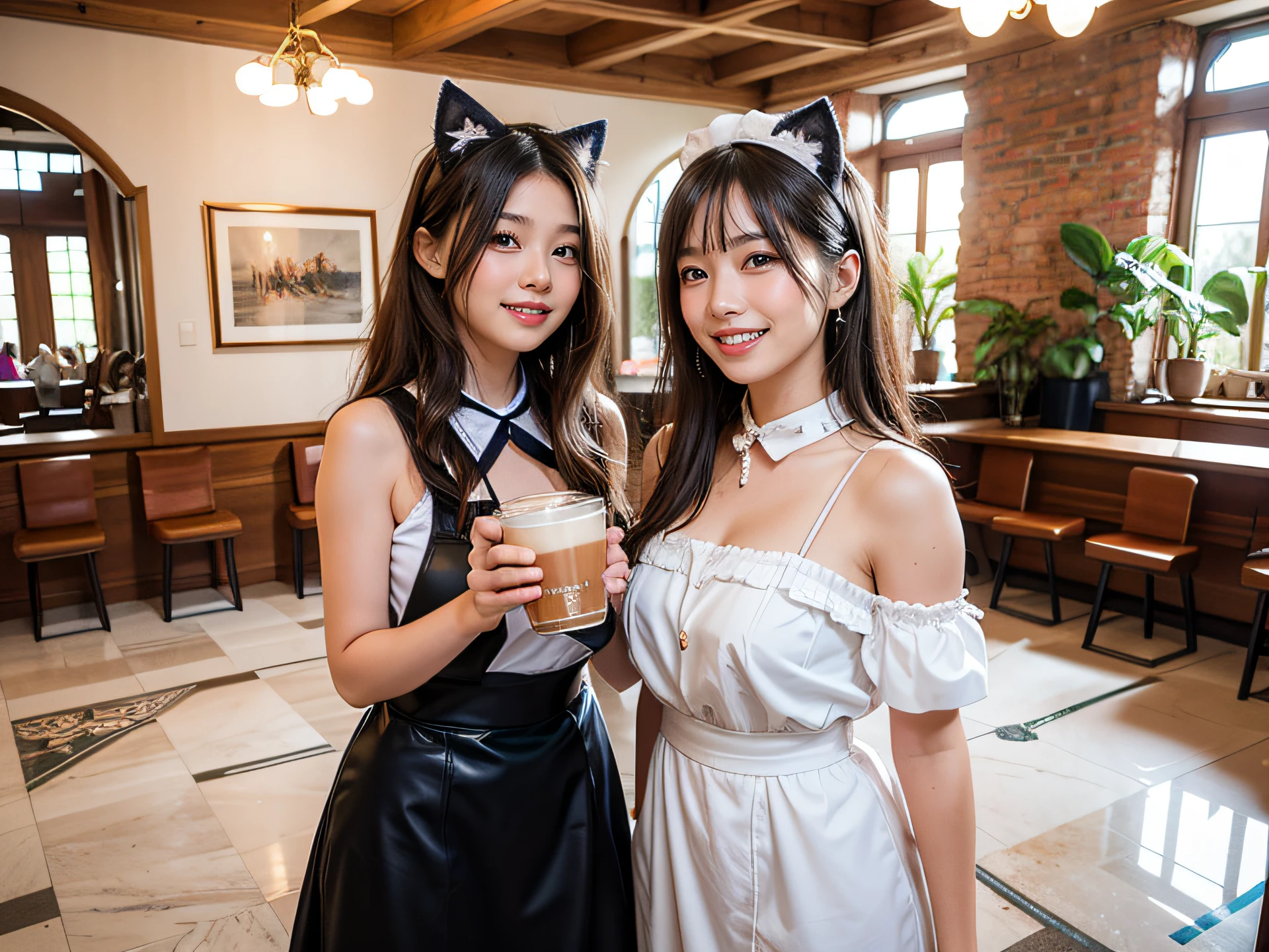 (two waitress girls:1.3),(Smiling:1.2), (cowboys:1.5), shot, (Two waitress girls wearing fluffy cat costumes、They are standing by a glass table in a marble-floored cafe and having a pleasant conversation..:1.2) . The walls are covered with white and black geometric wallpaper. There is a bay window that lets in sunlight.., creating a cozy atmosphere. Inside the  shop, We have chairs and leather bench sofas for customers to sit on... at centre, There is an open iron staircase leading to another floor. at the cafe、There is also a small courtyard with a wood stove for warmth.。. The overall scene is of high quality, Super detailed elements and realism, Photorealistic style. The colors are warm and vibrant, Soft lighting highlights the cafe&#39;cosy atmosphere.