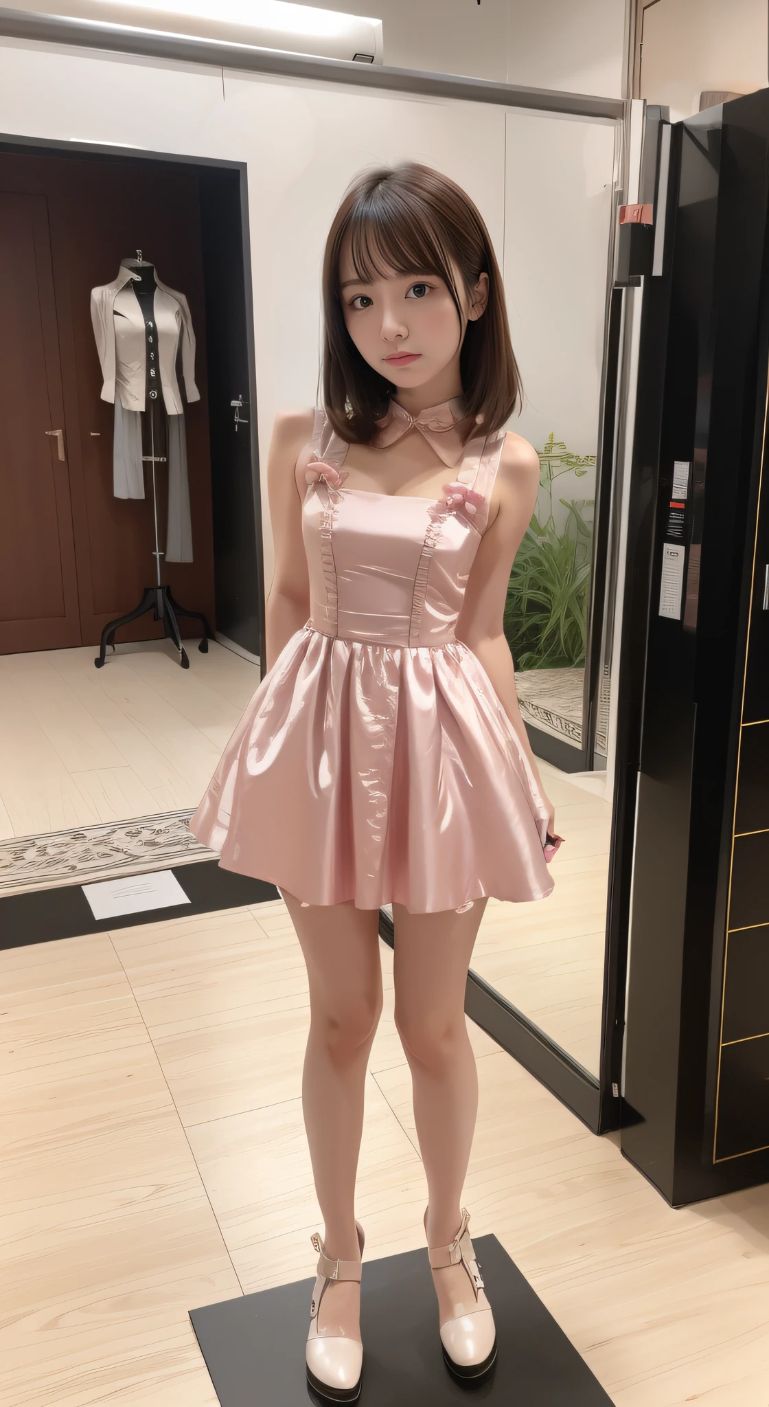 of the highest quality, Idol with slender body, front facing, Well-proportioned body, Exhibited, Event Hall, Moe Pose, pink satin dress, Standing with legs open, Model body type