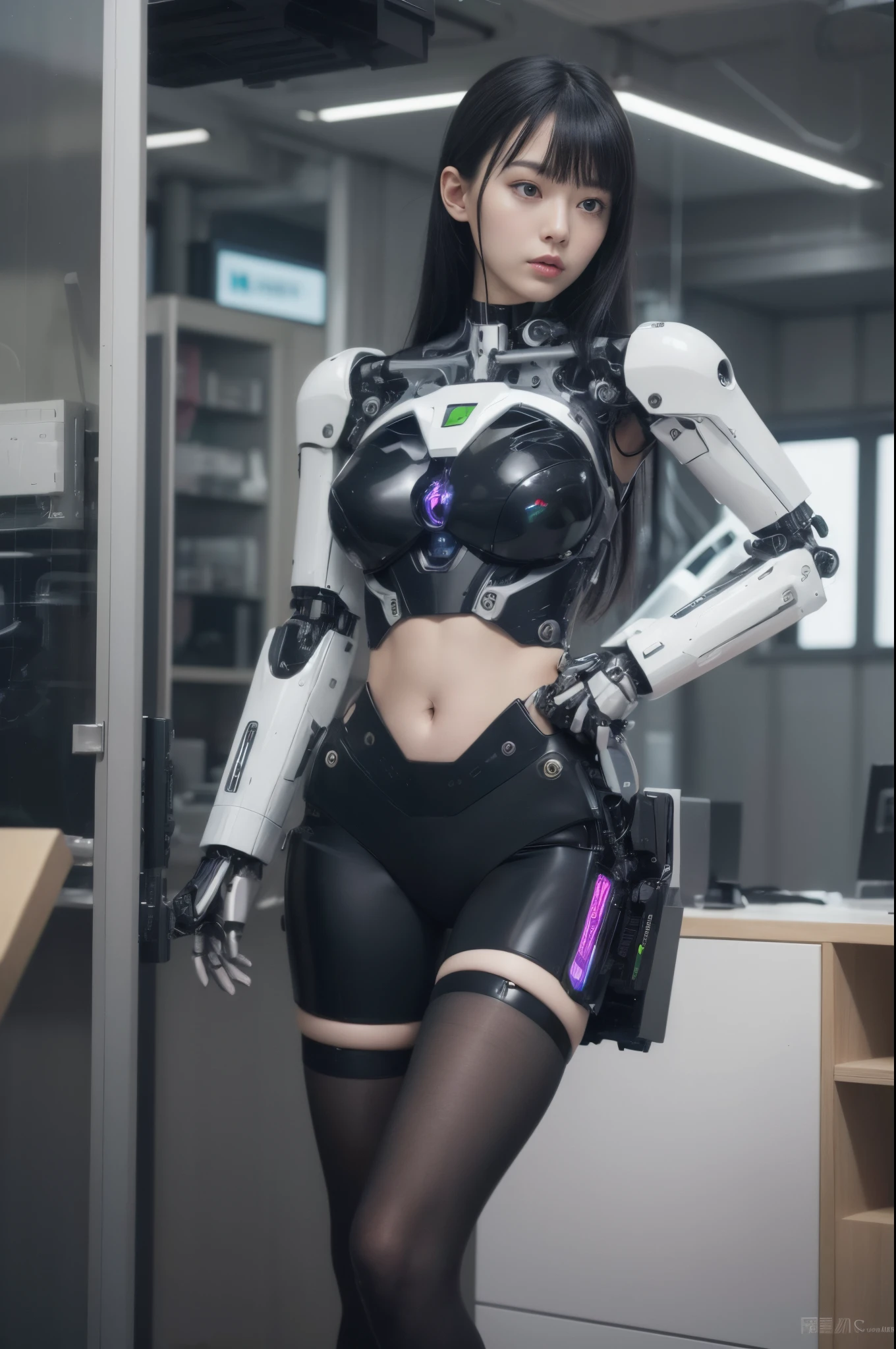 masterpiece, best quality, extremely detailed, (photorealistic:1.4), (RAW photo) (RAW photo) (8K, 4K, Best Quality, hight resolution, 超A high resolution:1.1), (masutepiece, Realistic, Photorealsitic:1.1), 1girl in, Japaese Cyborg girl,Plump , control panels,android,Droid,Mechanical Hand, Robot arms and legs, Black Robot Parts,Black hair,Mechanical body,Blunt bangs,White robotics parts,perfect robot girl,future information counter,reception,long tube,thick cable connected her neck,ceramic body ,mechanical body, ear antenna,mechanical ear cover, loose boots,mechanical costume,android,robot,humanoid,cyborg,information office,japanese android receptionist ,mechanical chest,full eyes,dark black tights
