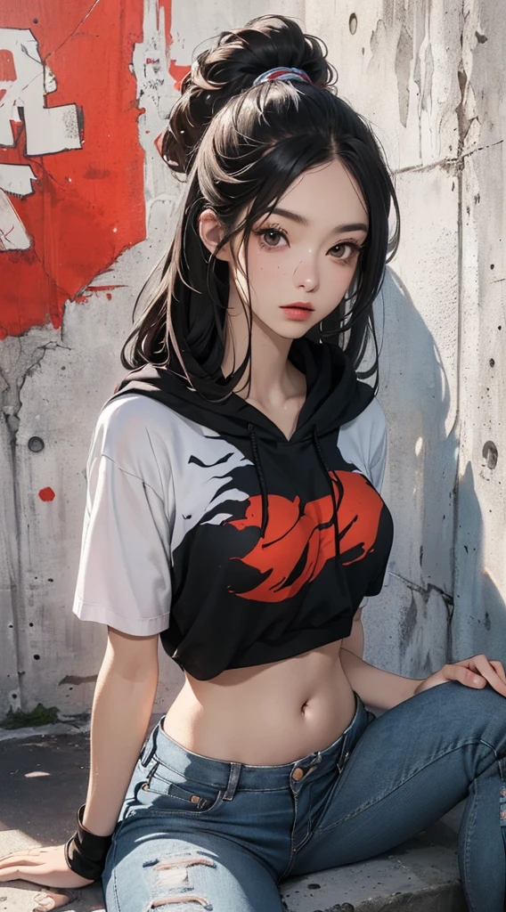 (((8k wallpaper of extremely detailed CG unit:1.2, masterpiece, hight resolution:1.2, top-quality:1.2, masutepiece))), ((a very beautiful woman, sitting on, wearing a short sleeve hoodie:1.2, Wearing skinny jeans, Wearing sneakers)), ((extra detailed face, Highly detailed black eyes, extra detailed body, Top quality real texture skins)), (A dark-haired, length hair, straight haired, de pele branca, Small, Exposed belly, Exposed legs), ((Colorful wall, Concrete ground)), high-angle, hyper realisitic, digitial painting,