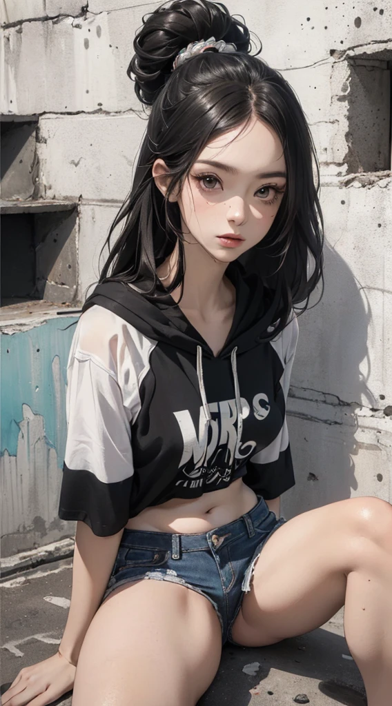 (((8k wallpaper of extremely detailed CG unit:1.2, masterpiece, hight resolution:1.2, top-quality:1.2, masutepiece))), ((a very beautiful woman, sitting on, wearing a short sleeve hoodie:1.2, Wearing skinny jeans, Wearing sneakers)), ((extra detailed face, Highly detailed black eyes, extra detailed body, Top quality real texture skins)), (A dark-haired, length hair, straight haired, de pele branca, Small, Exposed belly, Exposed legs), ((Colorful wall, Concrete ground)), high-angle, hyper realisitic, digitial painting,