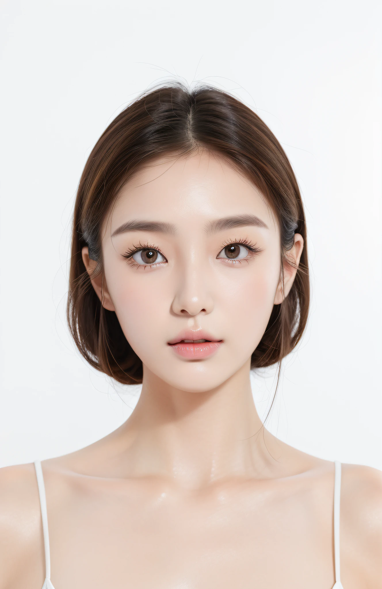 1 cute real photo of a Korean star, Medium hair, Delicate hair, white skinned, light make-up,,closeup portrait, hyper HD，street frontage，forehead exposed，Does not obscure the face，The eyes have God，Eyelashes look good，Model the face，glowing light，Youth and beauty，Do not cover your body，Upper part of the body，
