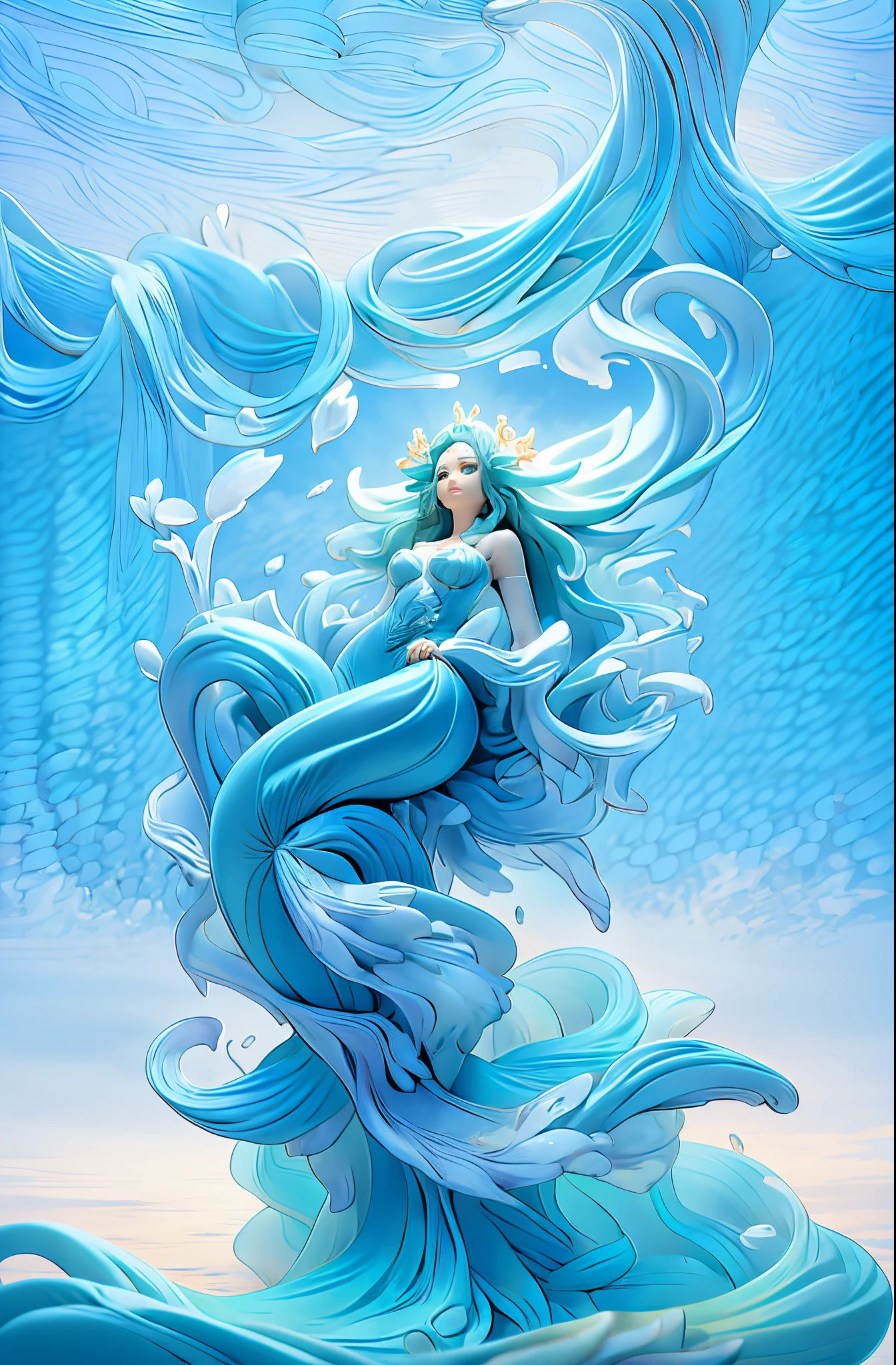 Mermaid statue Arafad image on blue background,beautiful smile corporate fantasy, Queen of the Sea Mu Yanling, Sea Goddess, Sea Goddess, Anime statues, PVC statue, Jellyfish Miko, ( Very detailed diagram ), Water magic close-up fantasy, Asian woman water element, anime figure, resin statue, beautiful mermaid, water fairy