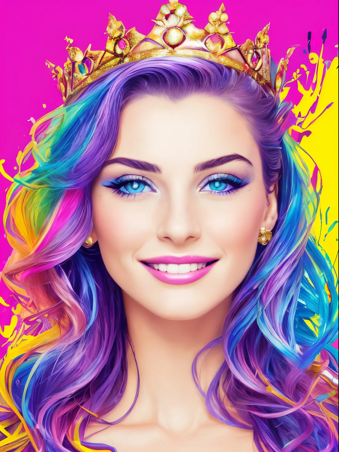 (((1人の女性)))、(Top resolution、Distinct_image) best qualtiy、(((Pop)))、 psychedelic art, ((colorful backdrop))、((illuminating))、ighly detailed、Semi-realistic、((makeups)), A smile、bangss、delicated facial features、Facial features, ((Detailed eyes)), ((best quality)), ((masterpiece)), beautiful, FISideRightFace, side right face, perfect face, abstract beauty, Create a digital art work in pop art style, luxury elegance bold with hint of feminine, happy & youthful, authentic, brave, princess wearing crown, (purple), (gold), centered, key visual, intricate, highly detailed, breathtaking beauty, precise lineart, vibrant, comprehensive cinematic, Carne Griffiths, Conrad Roset, vector art, Colorful graffiti illustration, (the most beautiful portrait in the world:1.5)