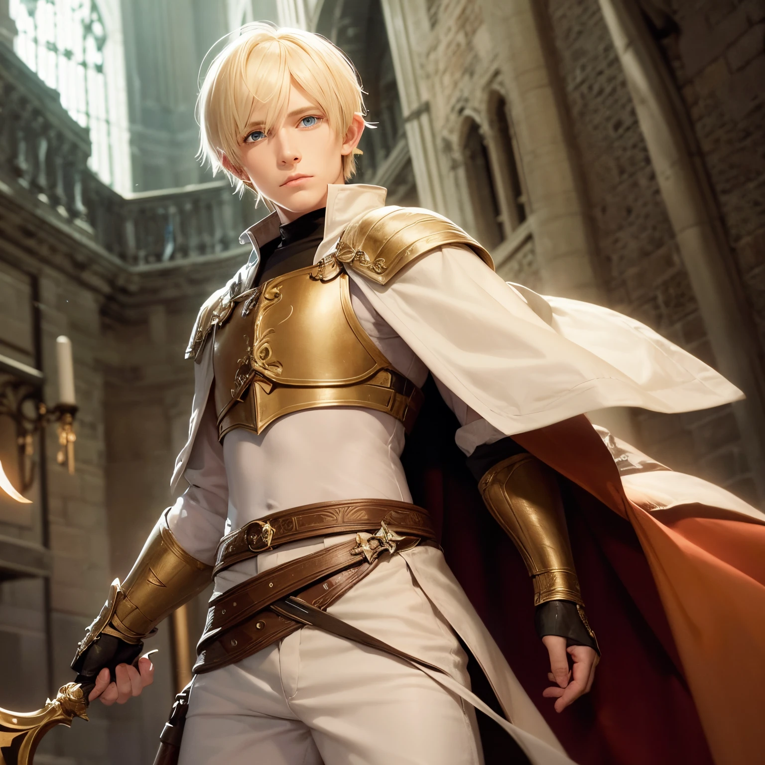 A dnd chariter who is a half elf paladin he is a blond hair white male who is blond hair blue eyed handsome young man