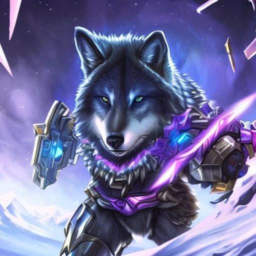 a close up of a wolf with a gun in its hand, husky in shiny armor, dark fox mage, wolf armor, from league of legends, furry fantasy art, official splash art, fenrir, astri lohne, an anthropomorphic wolf, good boy giant mecha wolf hound, style of duelyst