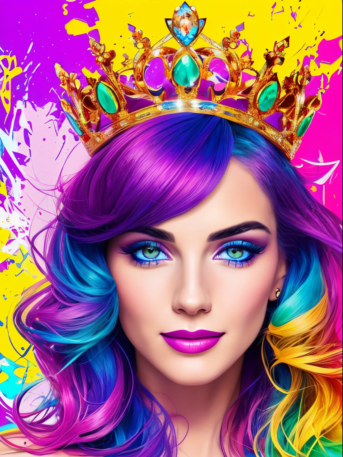 (((1人の女性)))、(Top resolution、Distinct_image) best qualtiy、(((Pop)))、 psychedelic art, ((colorful backdrop))、((illuminating))、ighly detailed、Semi-realistic、((makeups)), A smile、bangss、delicated facial features、Facial features, ((Detailed eyes)), ((best quality)), ((masterpiece)), beautiful, FISideRightFace, side right face, perfect face, abstract beauty, Create a digital art work in pop art style, luxury elegance bold with hint of feminine, happy & youthful, authentic, brave, princess wearing crown, (purple), (gold), centered, key visual, intricate, highly detailed, breathtaking beauty, precise lineart, vibrant, comprehensive cinematic, Carne Griffiths, Conrad Roset, vector art, Colorful graffiti illustration, (the most beautiful portrait in the world:1.5)