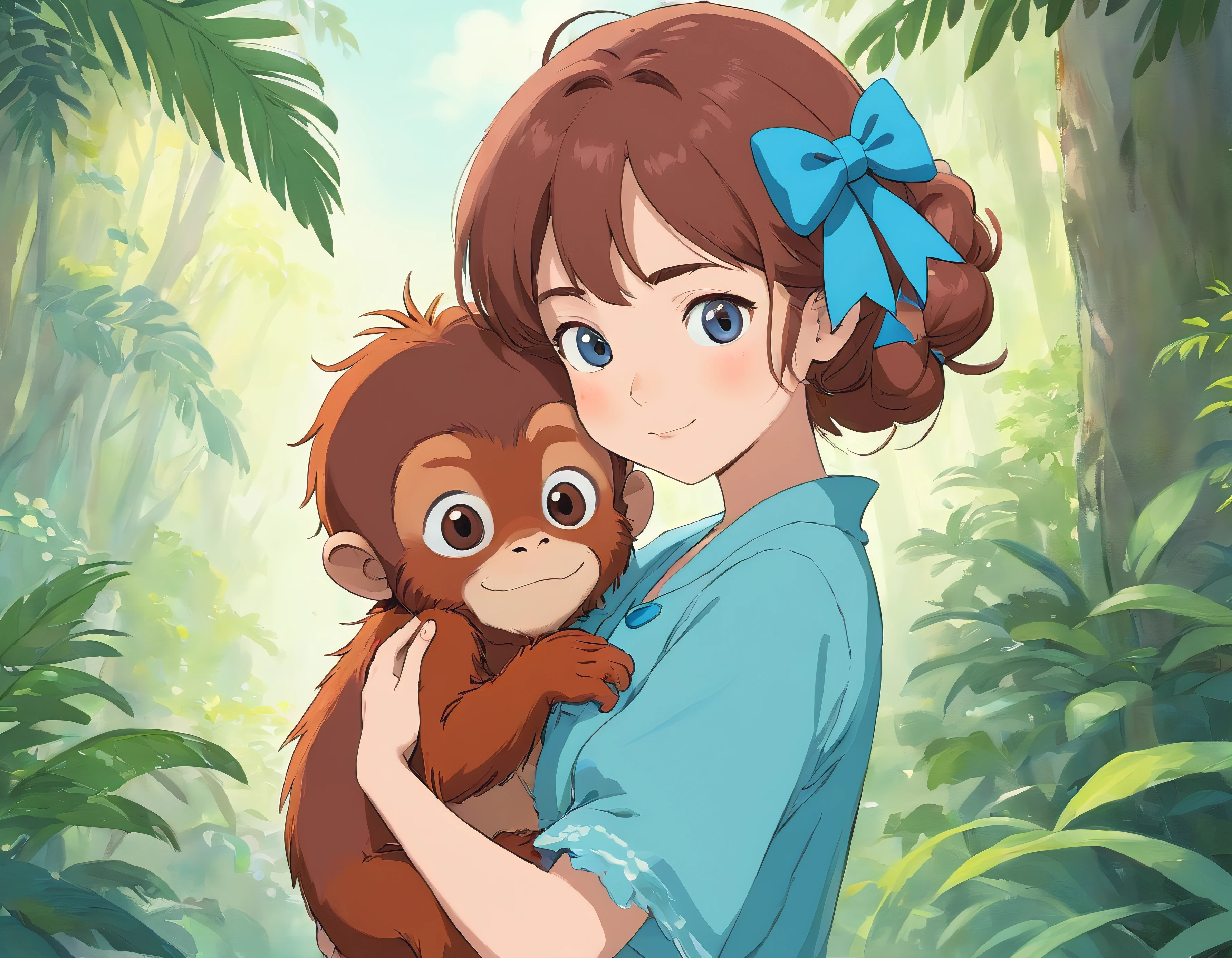A young girl with a bright blue bow in her hair, holding a orangutan in her arms. The illustration is done in soft pastel colors, giving it a whimsical and cute feel. The girl has a cool and confident expression, as she stands surrounded by a lush jungle background. The babyngutan is also wearing a tiny bow, matching the girl's. The overall vibe is heartwarming and endearing, perfect for a children's book or illustration.