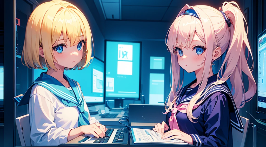 (2 girls, blonde hair, blue eyes, sailor suit, kawaii, meeting), (blue cyberpunk, room with big monitors, blue neon)