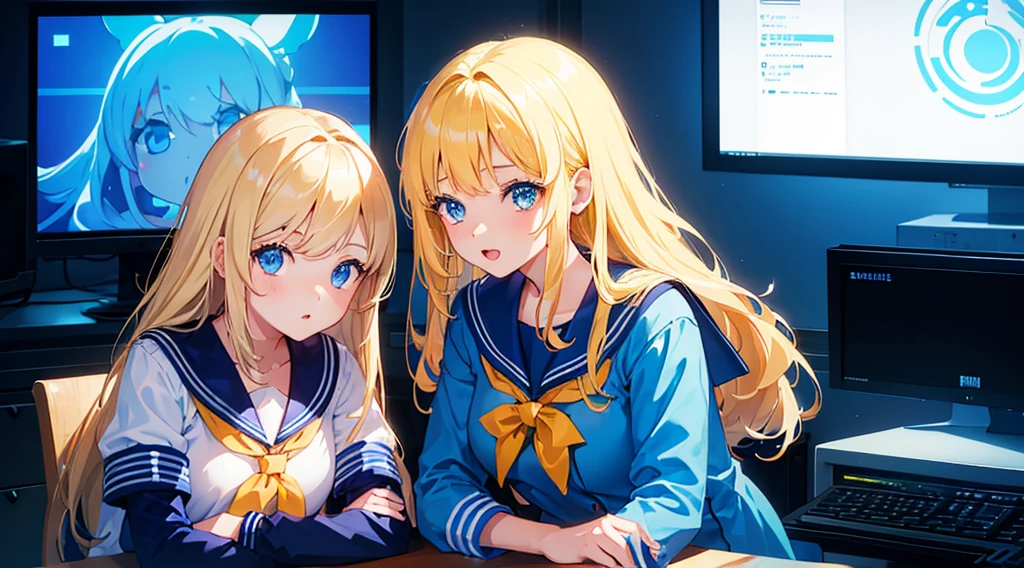 (2 girls, blonde hair, blue eyes, sailor suit, kawaii, meeting), (blue cyberpunk, room with big monitors, blue neon)