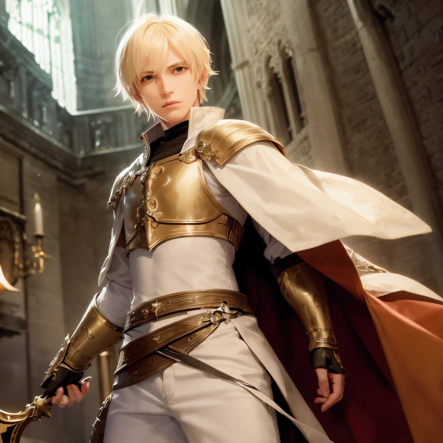 blond haired man in armor holding a sword in a cathedral, beautiful androgynous prince, delicate androgynous prince, inspired by Li Chevalier, portrait of magical blond prince, portrait of female paladin, gorgeous female paladin, from final fantasy, from lineage 2, cosplay photo, full portrait of magical knight, picture of female paladin, final fantasy character