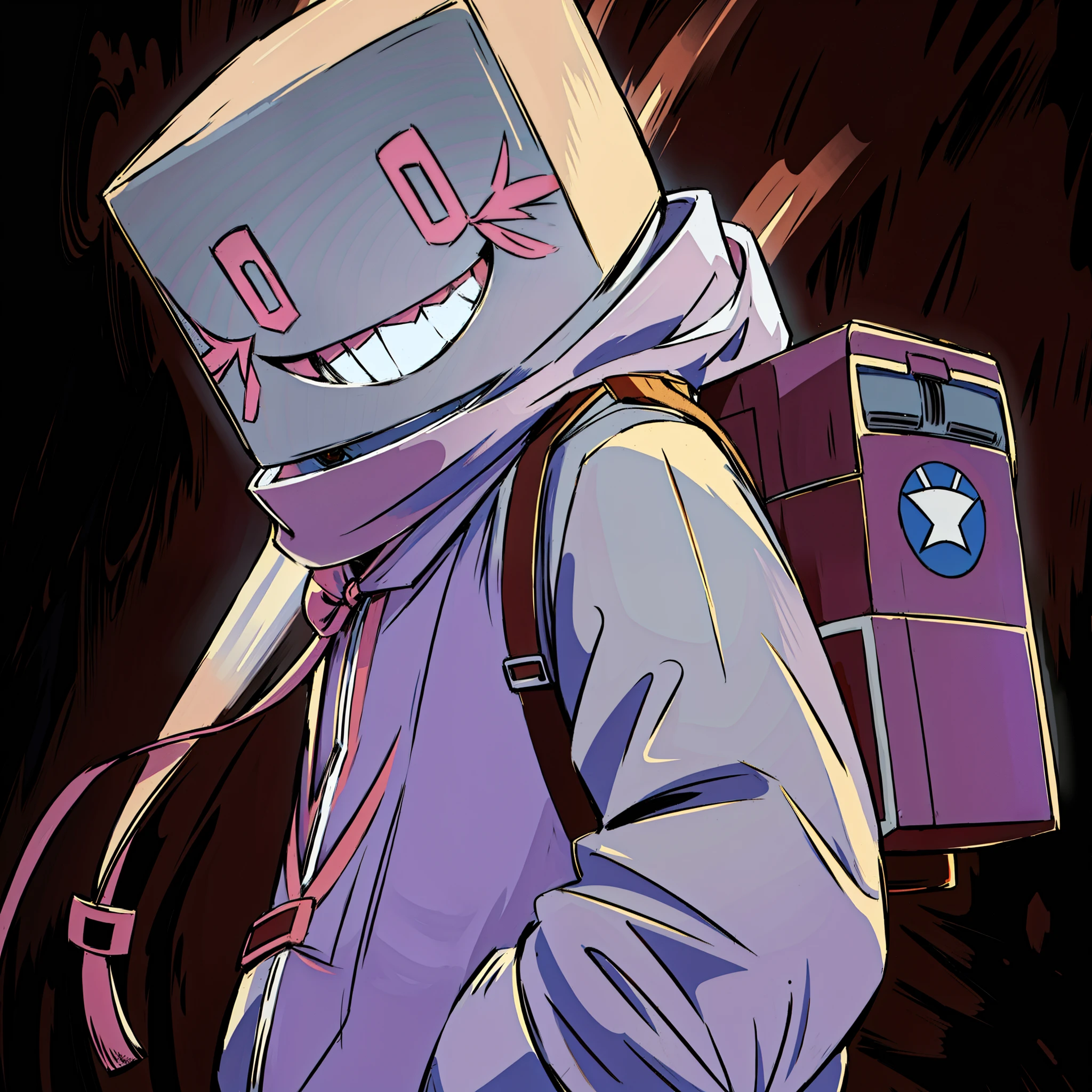 There is a man with a box on his head, A smug smile, triumphant laughter, unknown artstyle, [[[[smile evilly]]]], digital art from danganronpa, [ number art ]!!, High quality anime art style, no legend, profile picture 1024px, A slight smil, Pyro, trigger anime artstyle