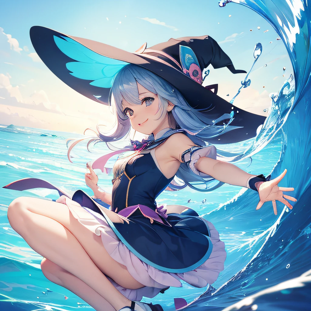 (masutepiece, Best Quality), 超A high resolution,Flat color, 1 girl , Witch Girl, Smile, pastel color , floating pastel colored water, Dynamic