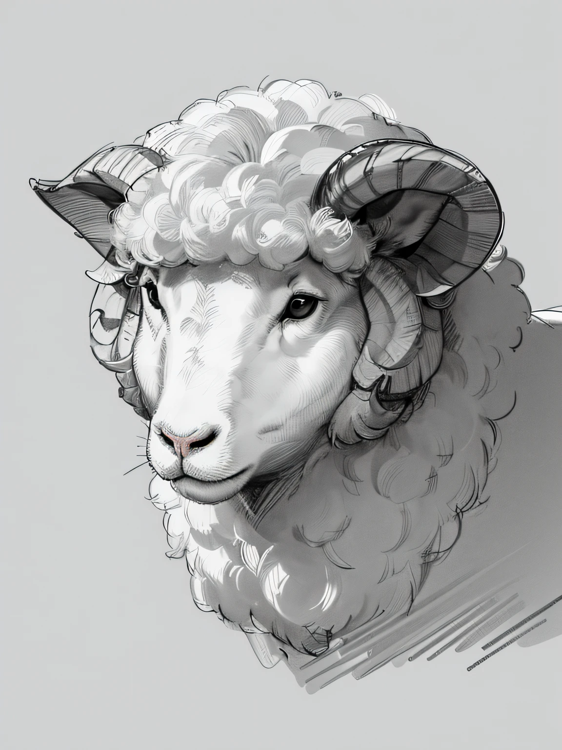 Line drawing background, white backgrounid, Mono Color, a line drawing, ((a sketch)),Sheep portrait，