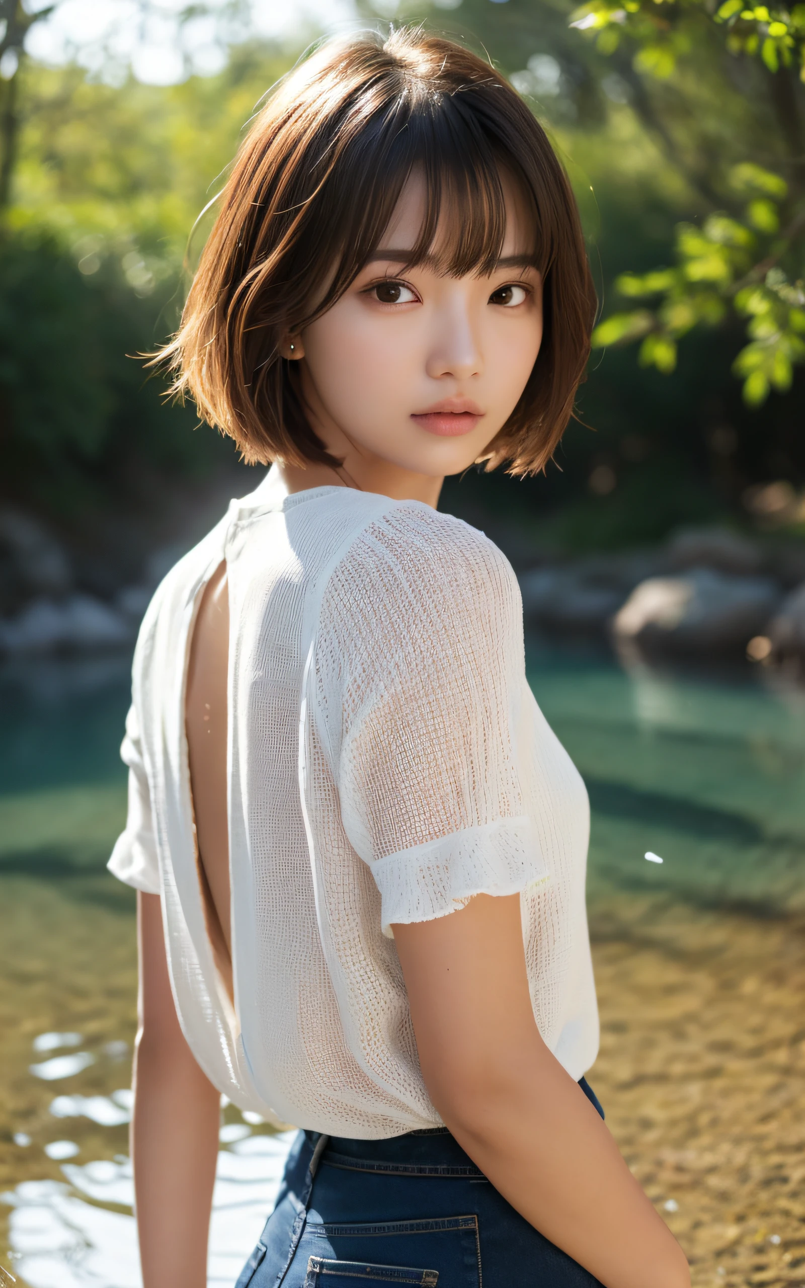 (Photo Real:1.4), (hyper realisitic:1.4), (Smooth lighting:1.05), 1 girl, Closed mouth, little smiling, Neat and clean beauty, 22 years old, Soft lighting, Back lighting, (Finest Real Textured Skins), Narrow-eyed, Super fine face, glowy skin, retinas, Anatomically correct, acurate, Super Detail, Textured skin, High quality, high details, Best Quality, High resolution,Morning forest with clear water flowing through it, Short hair swaying in the wind, Bangs, Blouse