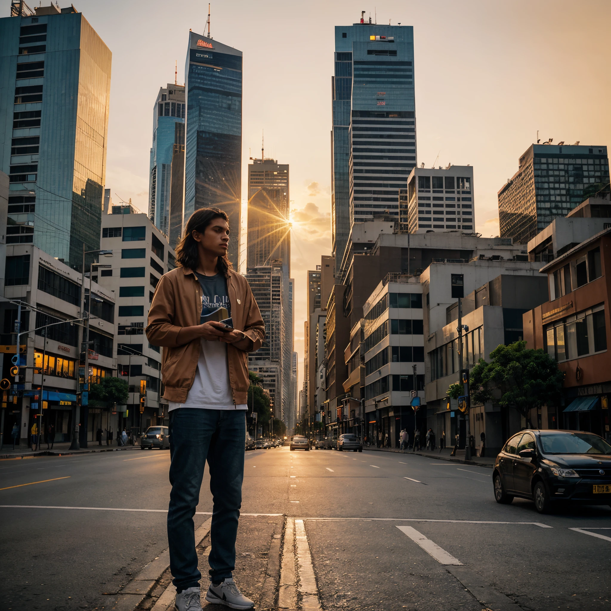 **Description for Illustration - Young Man Contemplating the Sunset on Avenida Paulista with a Bible:**
*Amidst the pulsating urban scene of Avenida Paulista, uma jovem moderna, dressed in a contemporary way, holds a Bible lovingly in his hands. Around you, Towering skyscrapers stand out against the sunset sky.*
*The sunset light bathes the avenue in orange tones, criando um contraste fascinante entre o dinamismo da cidade e a serenidade da jovem. Seu olhar, agora direcionado ao horizonte, reflects contemplation and faith.*
*While the hustle and bustle of the metropolis continues around you, a jovem parece encontrar um momento de paz, conectando-se espiritualmente em meio ao tumulto urbano. the bible, hold with reverence, adds a transcendental dimension to this unique urban scene.*