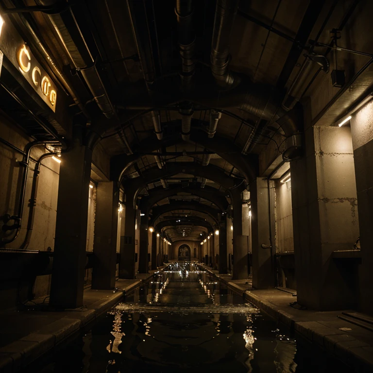 A city  lots of buildings underground with lots of lights and many pipes all around with water underneath