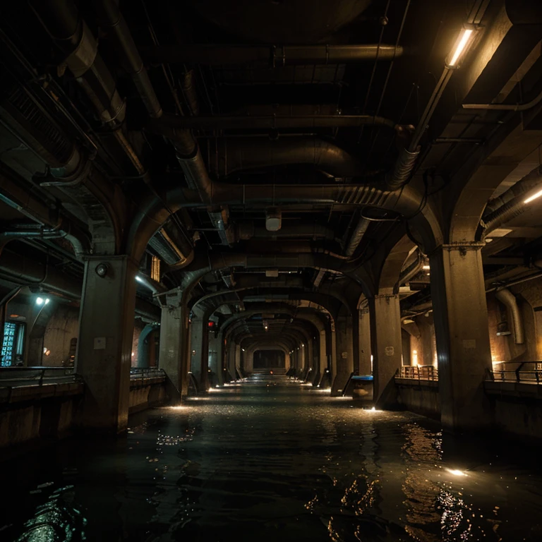 A city lots of buildings underground with lots of lights and many pipes all around with water underneath