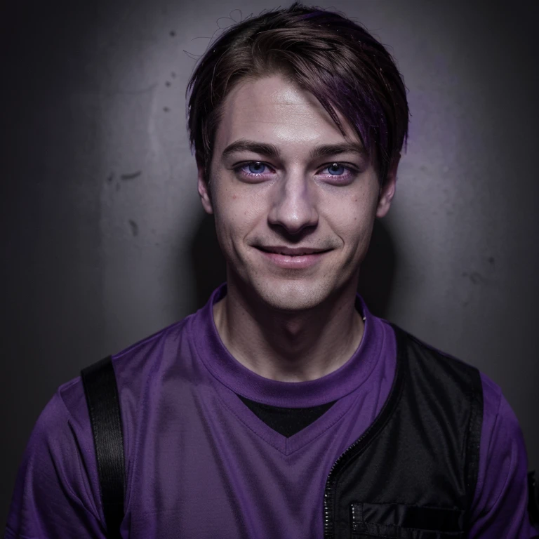 michael afton, young man, purple, fnaf, purple security guard shirt, security guard badge, purple skin, one black eye, purple pupils, art, smiling, cartoon, drawing, anime, skin is purple