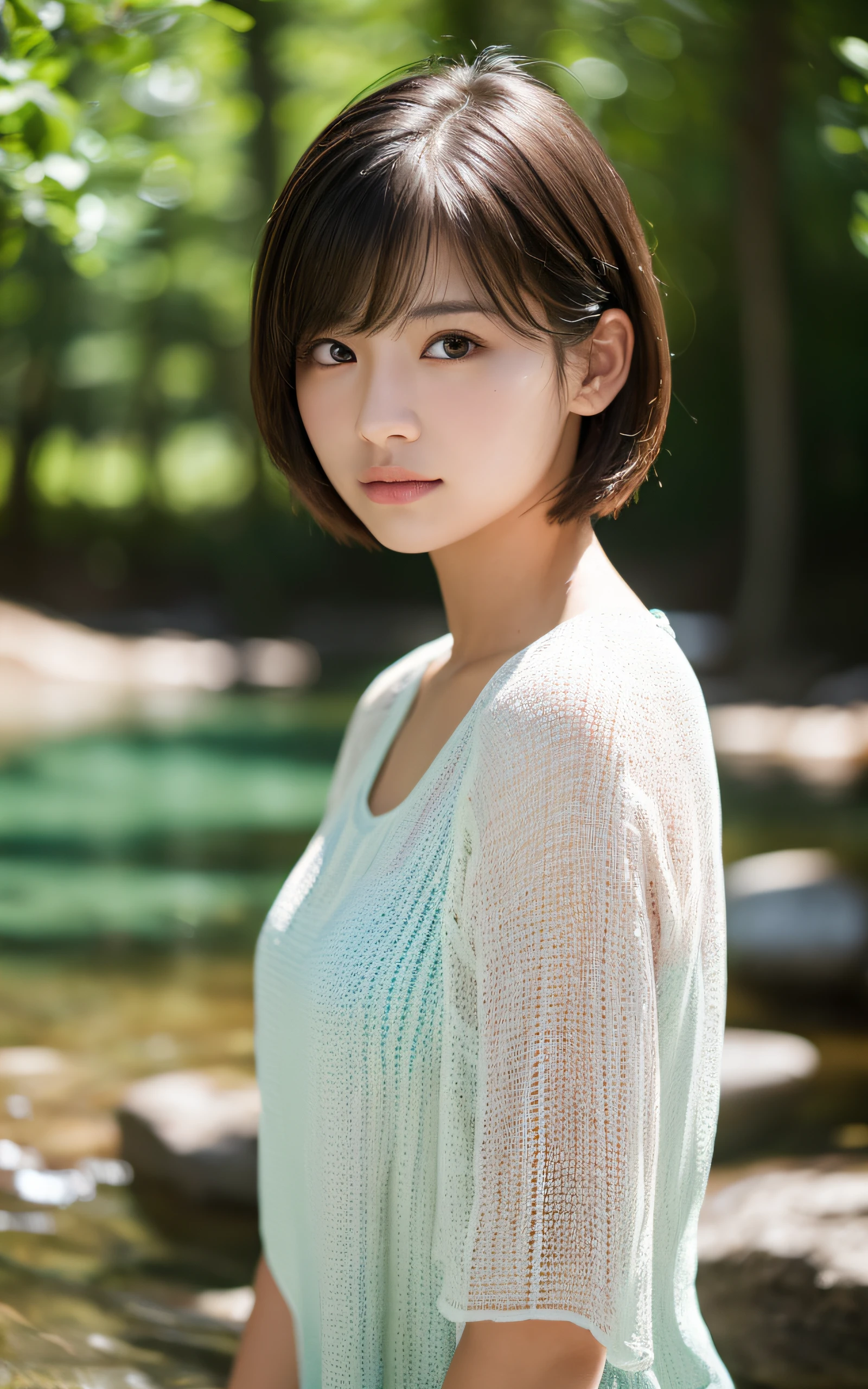 (Photo Real:1.4), (hyper realisitic:1.4), (Smooth lighting:1.05), 1 girl, Closed mouth, little smiling, Neat and clean beauty, 22 years old, Soft lighting, Back lighting, (Finest Real Textured Skins), Narrow-eyed, Super fine face, glowy skin, retinas, Anatomically correct, acurate, Super Detail, Textured skin, High quality, high details, Best Quality, High resolution,Morning forest with clear water flowing through it, Short hair swaying in the wind, Bangs, Blouse