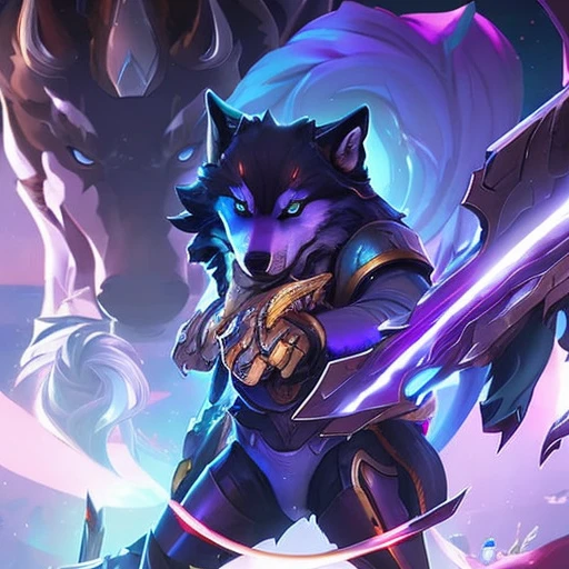 a close up of a wolf with a gun in its hand, husky in shiny armor, dark fox mage, wolf armor, from league of legends, furry fantasy art, official splash art, fenrir, astri lohne, an anthropomorphic wolf, good boy giant mecha wolf hound, style of duelyst