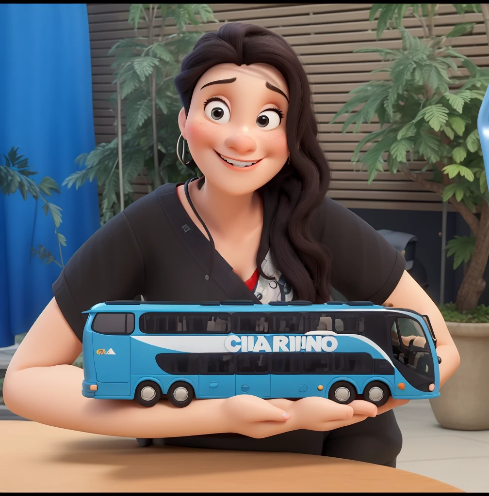 Crie um poster no estilo Pixar, Obra-prima, de melhor qualidade, uma mulher, olhos pretos, cabelos longos e lisos. She's smiling , vestindo uma camiseta preta, holding a model bus.