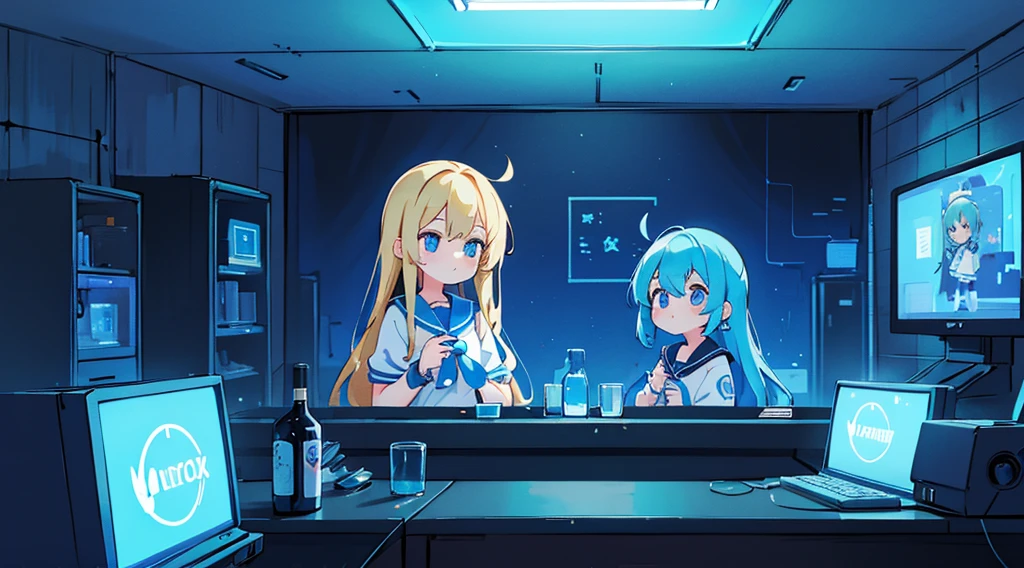 (2 girls, blonde hair, blue eyes, sailor suit, meeting), (blue cyberpunk, room with big monitors, blue neon)