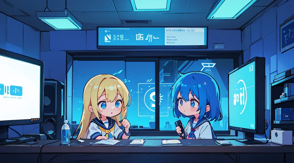 (2 girls, blonde hair, blue eyes, sailor suit, meeting), (blue cyberpunk, room with big monitors, blue neon)