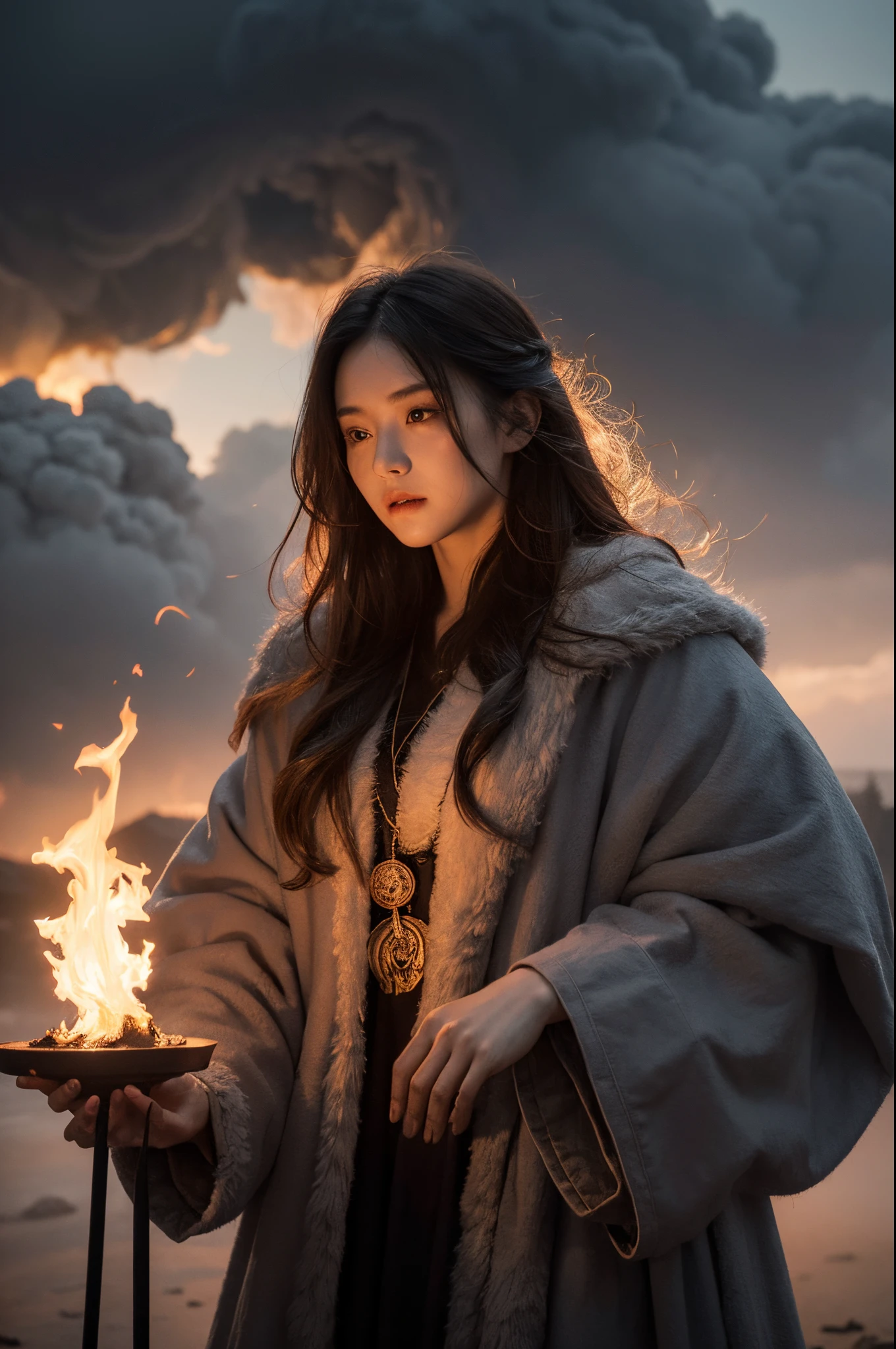 priestess body made out of ash cloud with burning nimbus, perfect fiery photography by Mark Mann, Wlop, Albrecht Dürer, wlop, muted wet colors, intricate detailed, stunning, fire, smoke, beautiful, cloudy, fluffy, static charge, sacral portrait, artistic masterwork by head of prompt engineering