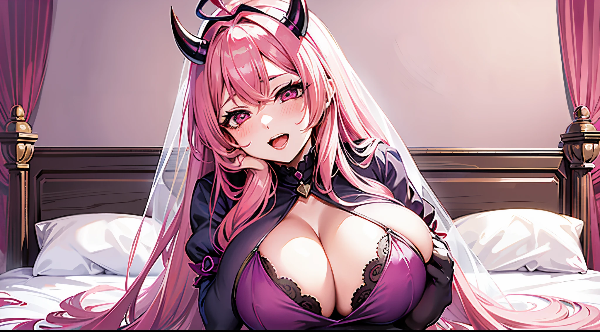 anime - style image of a woman with pink hair and horns on her head, Succubus bonito |, Oppai, menina anime sedutora, menina anime demon, succubus, Succubus em vestido curto apertado, Ahegao, menina monstro anime, mika kurai demon, thicc, deusa anime, Marin Kitagawa Fanart, shalltear from overlord, Beautiful elegant demon queen