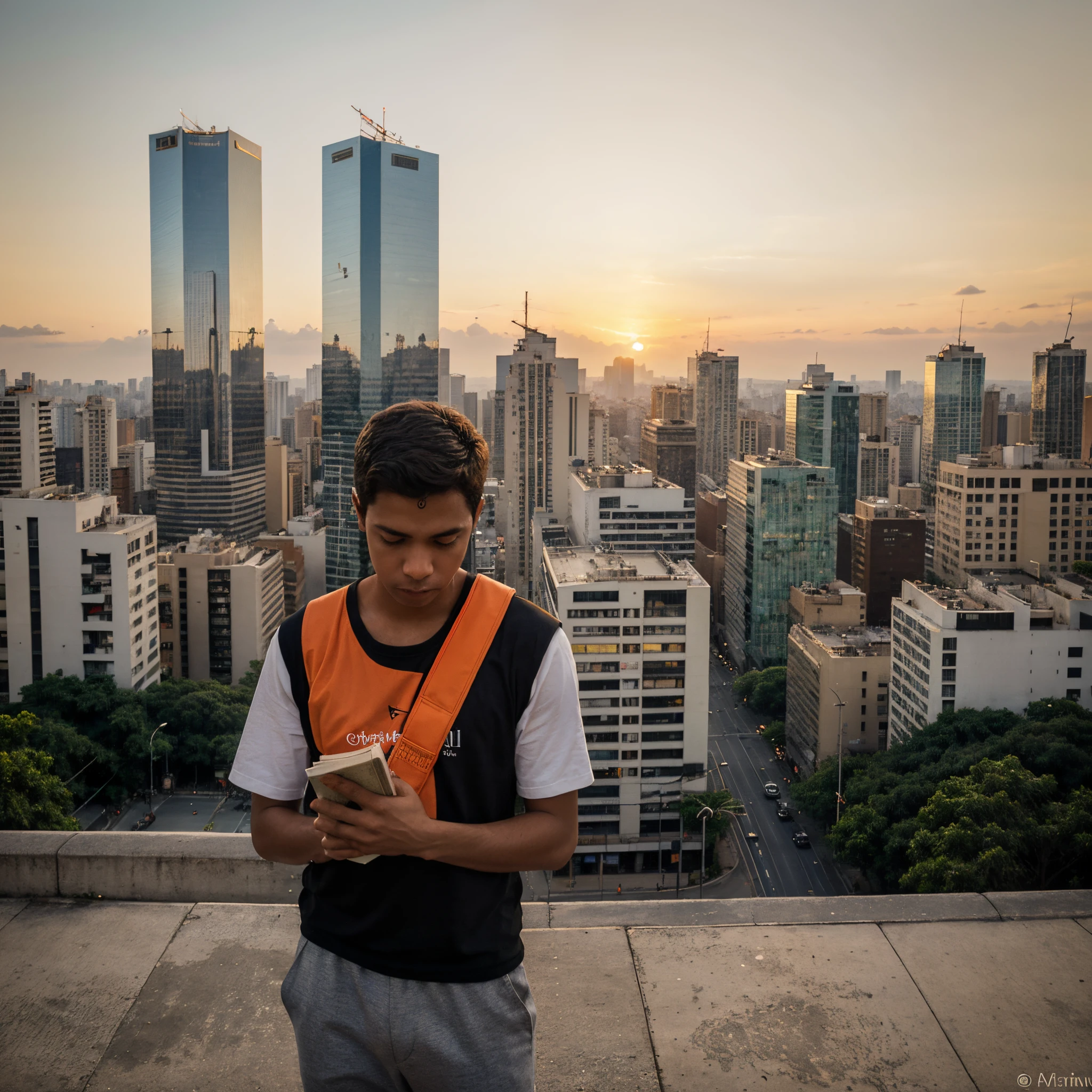 **Description for Illustration - Young Man Contemplating the Sunset on Avenida Paulista with a Bible:**
*Amidst the pulsating urban scene of Avenida Paulista, uma jovem moderna, dressed in a contemporary way, Holds a Bible lovingly in hands. Around you, Imposing skyscrapers stand out in the sunset.*
*The sunset light bathes the avenue in orange tones, criando um contraste fascinante entre o dinamismo da cidade e a serenidade do jovem. Seu olhar, agora direcionado ao horizonte, reflects contemplation and faith.*
*While the hustle and bustle of the metropolis continues around you, a jovem parece encontrar um momento de paz, conectando-se espiritualmente em meio ao tumulto urbano. the bible, hold with reverence, adds a transcendental dimension to this unique urban scene.*