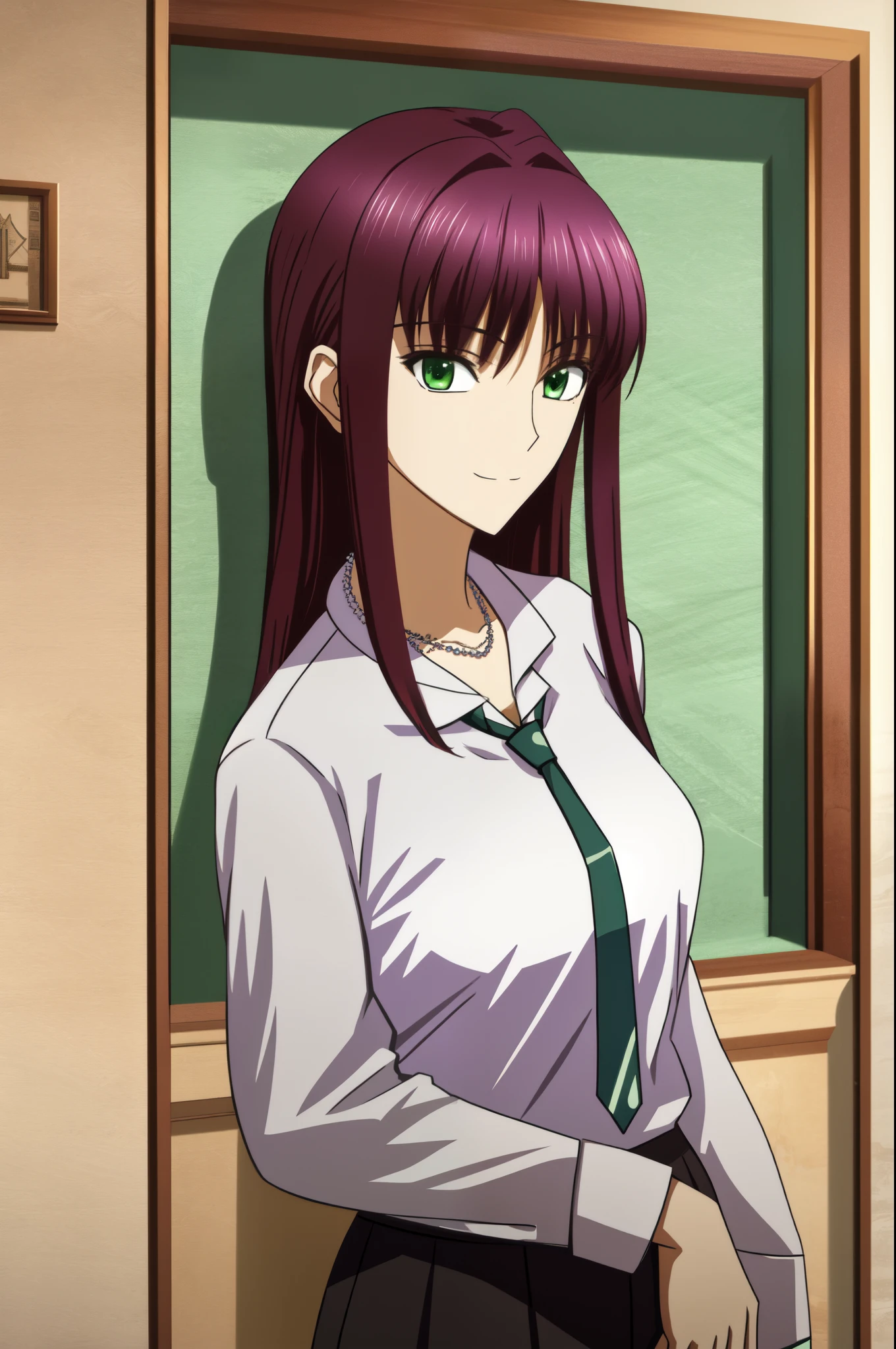Connect UHD and 8K, hight resolution,Very detailed CG, High quality shadows, Detail Beautiful delicate face, Detail Beautiful delicate eyes,BREAK(Very detailed 8k wallpaper),(Highly detailed CG 8K wallpaper),Makima (chain saw man),Sukasaha (Fate/grand order),Shimohira Reihua ,Hi-Res,Very delicate and beautiful CG illustration,top-quality,Realistic skin feeling,Realistic fabric,Realistic texture,beautiful thigh,big breasts thin waist,(((masutepiece))), (((Best Quality))),8K,32K,masterpiece,beautiful alluring anime woman,ultra-definition,ultra-detailliert,hight resolution,a hyperrealistic schoolgirl,masuter piece, Best Quality, High quality, High Definition, high quality texture, high quality shadow, high detailing,finely detail,1girl in,High school students,Solo,Soio,Only one person,Alone,One Person,tall,AS-Adult,Mature atmosphere,Leg length,neat and long legs,8 Head Body,stature:171cm,Mature girls,Reddish-purple hair,Reddish-purple hair,Purple hair,cassis colored hair,silky and smooth hair,Colorful hair,Straight hair,Smile,Smiling happily,lively expression,Cute smile,Cool Beauty,Beautuful Women,Neat face, Beautiful realism,Seductive look,Bewitching look,serene expressions,beautiful hairl,She wears a necklace around her neck,Necklace,bead necklace,magatama accessories,A slight smil,Colorful eyes,green colored eyes,Jade-colored eyes,beautidful eyes,Bright eye,Delicat eyes,Eyes Like Gems,Jade Eyes,Hanging eyes,(Green eyes:1.5),Seductive face,((White collared shirt)),Red tie,Business suits,Suit pants,Women's Suits,Hands folded behind your back,is standing,simple background,during daytime,Sunlight,inside in room,Staring,watching at viewers,mystic atmosphere,Surrealism, tachi-e, cinematic lighting, Canon, 8k, super detail, ccurate, best quality, 16k, 8k, super detail, textured skin, ccurate, masterpiece, UHD, HD, 16k