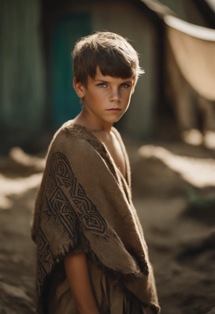 Post apocolypse Tribal, cute face, white skin, brown hair, 1boy, bowl haircut, young , brown tattered loincloth, brown fur poncho, blue eyes, british, Pcychic, skinny body, little muscle, green and swirly full-body tattoo, green and swirly face tattoo