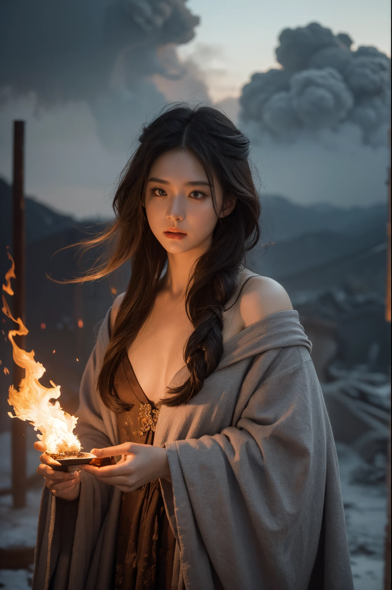 priestess body made out of ash cloud with burning nimbus, perfect fiery photography by Mark Mann, Wlop, Albrecht Dürer, wlop, muted wet colors, intricate detailed, stunning, fire, smoke, beautiful, cloudy, fluffy, static charge, sacral portrait, artistic masterwork by head of prompt engineering