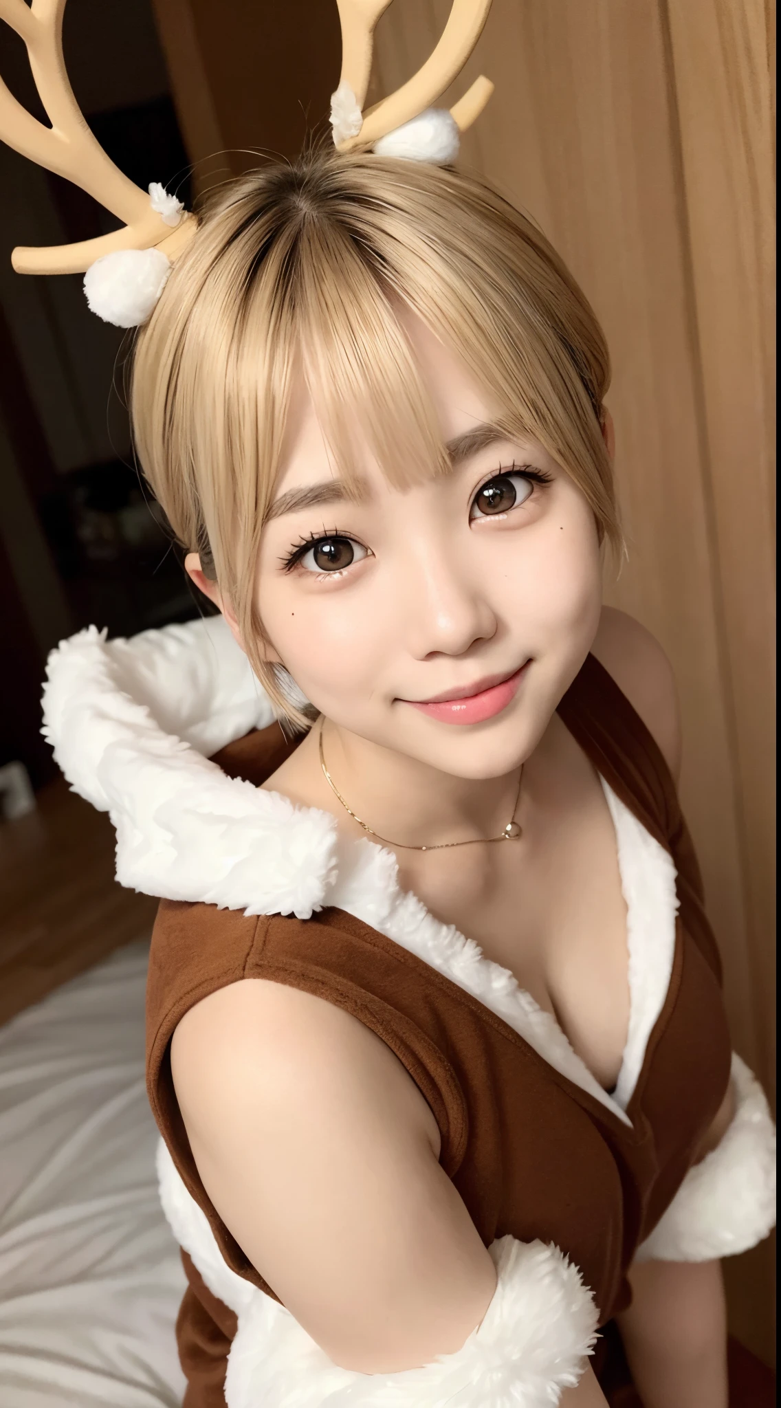 she is a cute asian、I&#39;m wearing a reindeer costume、Big eyes、Brown eyes、Blonde short cut hair、Cute smile、