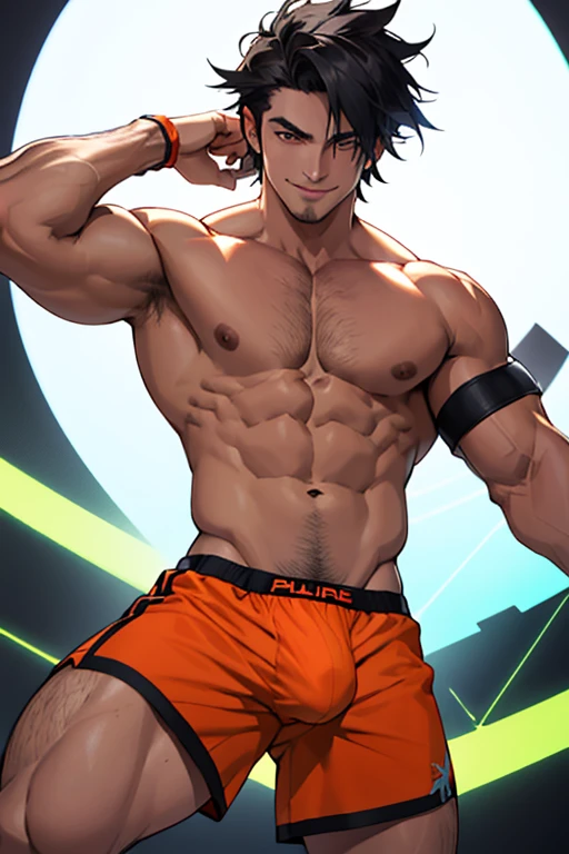 Un hombre tigre (furro cuerpo completo), musculoso de ojos azules claros y pelaje naranja con rayas negras, altamente detallado a maxima calidad, con grandes pectorales sin ropa, usando un boxer negro ajustado marcando su gran pene, altura de 1.80, con una sonrisa coqueta, de pie en primer plano entero, obra maestra calidad HD, 4K, 8K