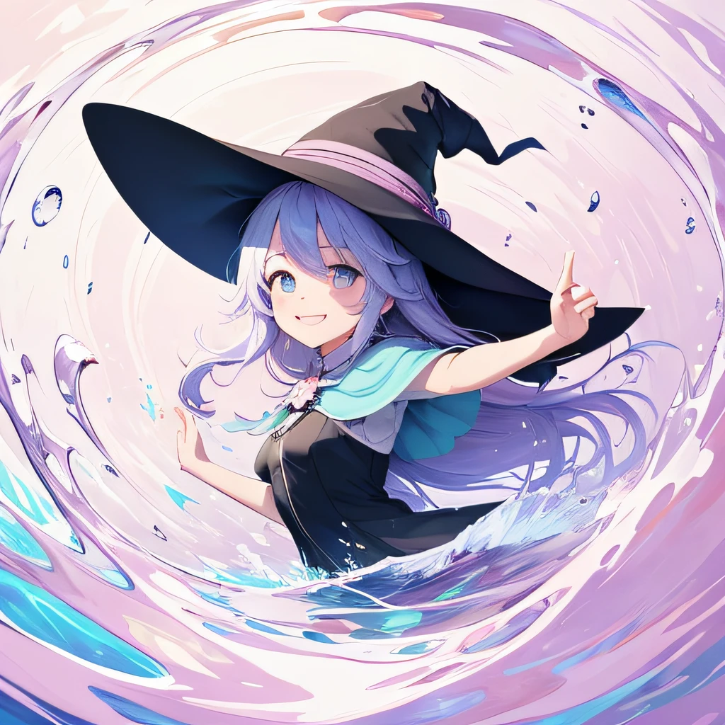 (masutepiece, Best Quality),Flat color, 1 girl , Witch Girl, Smile, pastel color , floating pastel colored water, Dynamic