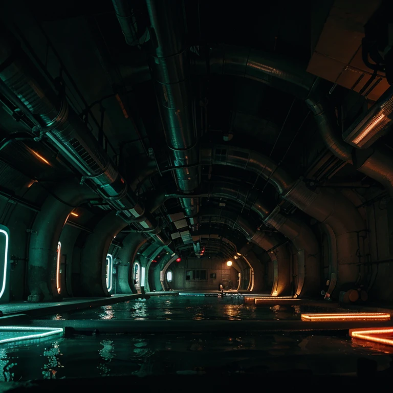 A city many buildings underground with lots of lights and many pipes all around with water underneath neon bright lights