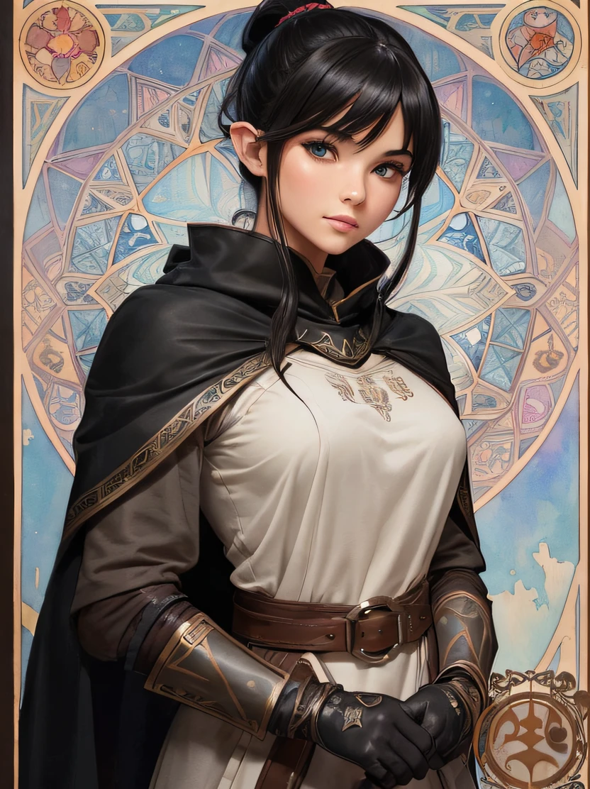 ((hight resolution、top-quality、super detailing、best picture、watercolor paiting、thick outlines、mats、by mucha))、flowing lines、cowboy shot、Stunning portrait of a beautiful woman、1 female、((elvish、glistning skin、Black haired beauty、Hairstyle Ponytail))、Slender figure、Hairstyle Ponytail、Blue eyes、Sharp eyes、hyperdetailed face、A detailed eye、Detailed hand depiction、Gray knight armor and leather long sleeve tunic、Black cloak、Black leather gloves