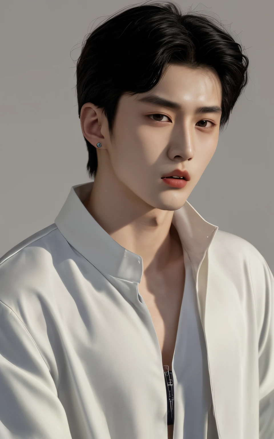 Close-up of 26-year-old man, cai xukun, Zheng Zaiying, Zhang Han’s inspiration, Male Urzan, He wears a plain coat, jia, Wear only a shirt, Very handsome, Kim Do-young, Usando Varrios Colgantes, Bian Shoumin’s inspiration，Realiy，realisticlying，Background Black，Perfect center，Don’t want a lot of clothes，Face facing me