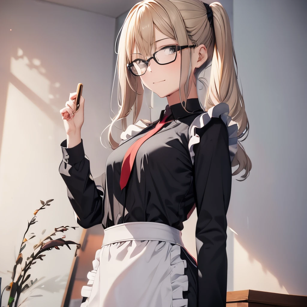 【Highest Quality, masutepiece】 [1 girl in, expressioness, jet-black eyes,glasses, sanpaku eyes,front facing,beauty blonde hair, Slender beauty,straight haired, long pony tail hair ,flat chest,] (Gray white background:1.5), no smile,Waitress apron,